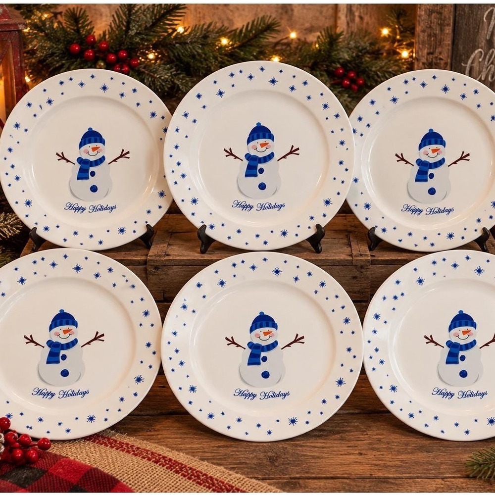 Pacific Island Creations Snowman Happy Holidays Plates Set of 6 Blue White 8in